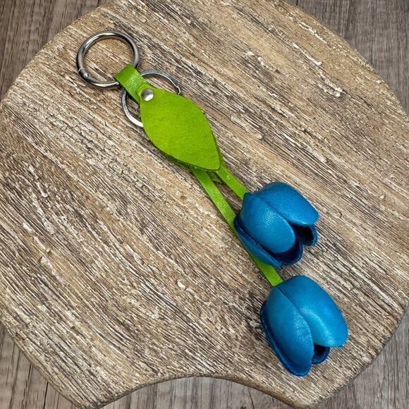 Leather Bright Blue Tulip Purse Charm Genuine Leather Tulip Flower Bag Charm - Picture 4 of 6